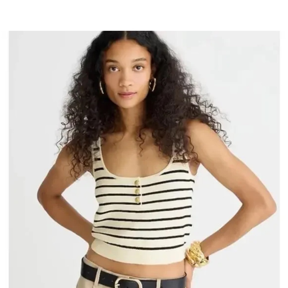 SET of Sz Small J. Crew Black and Cream Striped Tank Top & Cropped Sweater